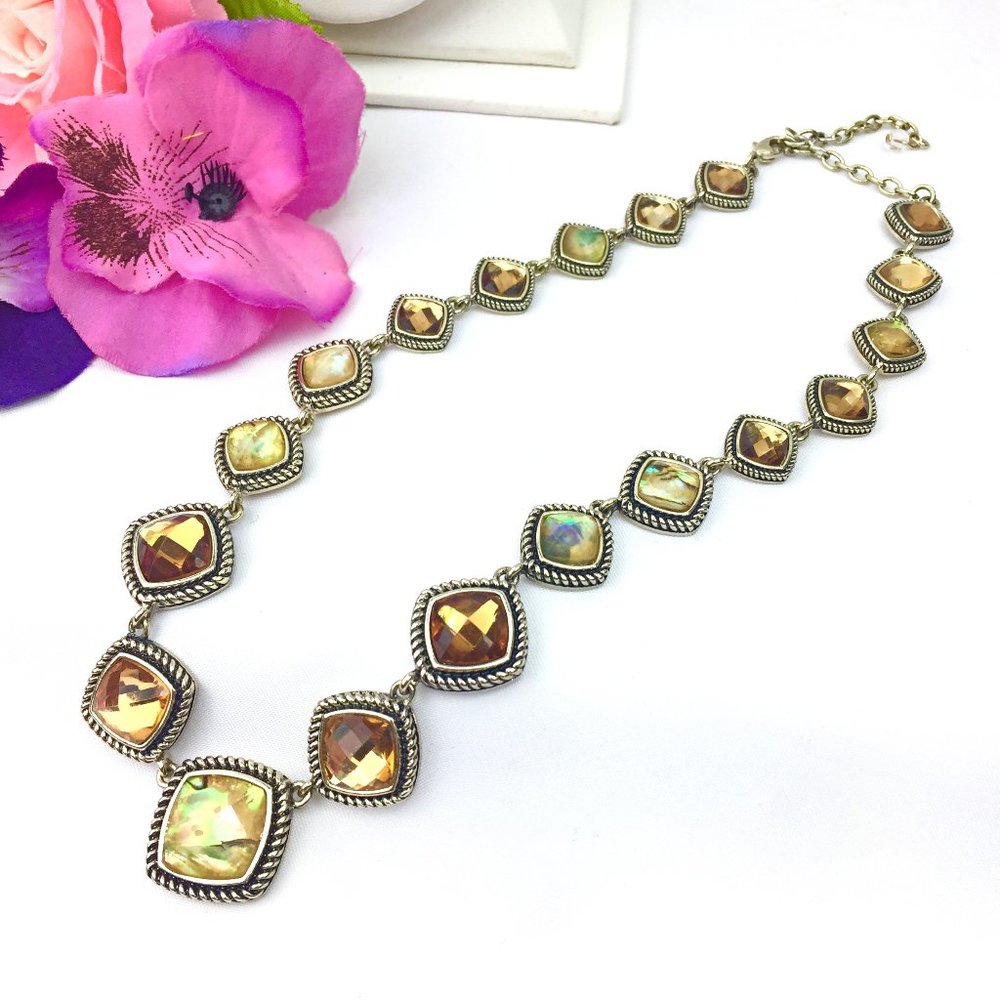 Vintage Napier Amber & Abalone Shell Square Bead Graduated Necklace
